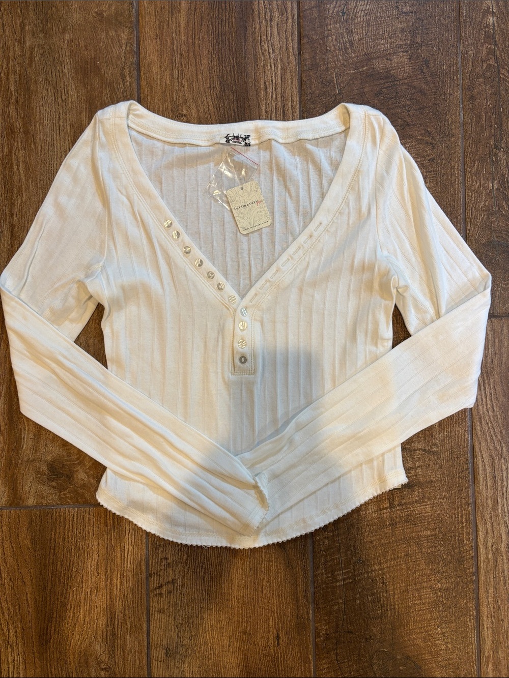 Free People Cream Ribbed V-Neck Henley Long Sleeve Top